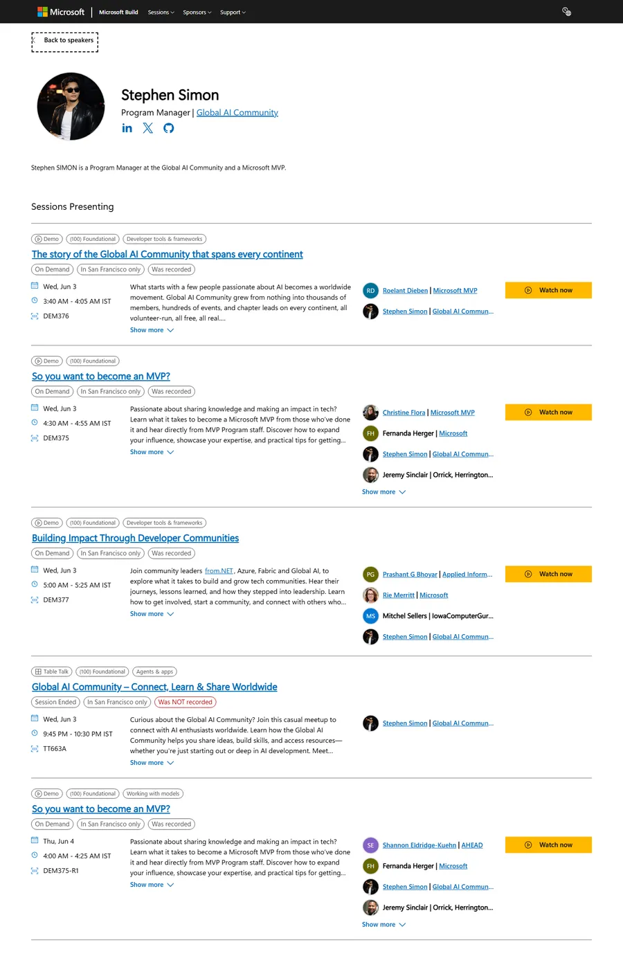 Speaker profile and sessions on build.microsoft.com. Captured on 15 Oct 2026